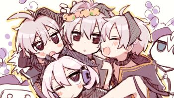 4girls :o ahoge androgynous black_hair blush cevio chibi chibi_only choker ci_flower closed_eyes flower_(gynoid_talk) flower_(vocaloid) flower_(vocaloid3) flower_(vocaloid4) gomahichi happy happy_birthday head_wreath headphones high_ponytail hood hooded_jacket jacket long_hair mechanization multicolored_hair multiple_girls one_eye_closed ponytail robot short_hair short_hair_with_long_locks simple_background smile tomboy two-tone_hair vocaloid white_hair
