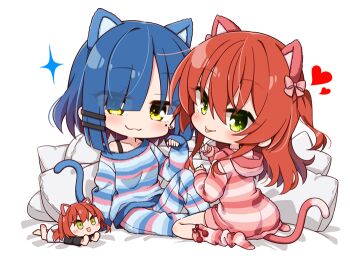 2girls :3 alternate_costume animal_ears asymmetrical_hair blue_hair blush bocchi_the_rock! bow bra_strap cat_ears cat_tail character_doll chibi chibi_only chika_(06chimika13) closed_mouth collarbone commentary_request doll ear_piercing fake_animal_ears fake_tail green_eyes hair_between_eyes hair_bow hair_ornament hairclip heart hood hood_down kita_ikuyo long_hair long_sleeves looking_at_viewer mole mole_under_eye multiple_girls pajamas parallel_hairclips piercing pink_bow red_hair red_socks short_hair simple_background sitting sleeves_past_wrists smile socks striped_clothes striped_socks stuffed_toy tail tongue wariza white_background yellow_eyes