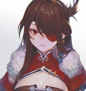 1girl 23i2ko aegyo_sal beidou_(genshin_impact) breasts brown_hair capelet cleavage eyepatch fur_collar genshin_impact hair_over_one_eye hair_over_shoulder head_tilt highres looking_at_viewer one_side_up open_mouth red_capelet red_eyes sidelocks simple_background solo white_background
