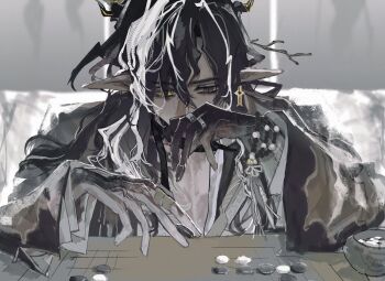 Rule 34 | 1boy, arknights, asakurakai4, bead bracelet, beads, black hair, black kimono, board game, bracelet, colored extremities, commentary request, covering own mouth, go (board game), grey eyes, hashtag-only commentary, heterochromia, holding go stone, japanese clothes, jewelry, kimono, long sleeves, looking down, male focus, messy hair, multicolored hair, multiple rings, partially open jacket, pointy ears, ring, solo, two-tone hair, wang (arknights), white hair, yellow eyes