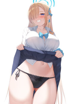 1girl asuna_(blue_archive) asuna_(school_uniform)_(blue_archive) asymmetrical_bangs black_panties blonde_hair blue_archive blue_bow blue_bowtie blue_eyes blue_halo blue_ribbon blue_scrunchie blush bow bowtie breasts button_gap clothes_lift collarbone commentary_request cowboy_shot gluteal_fold hair_over_one_eye hair_ribbon halo highres large_breasts long_hair looking_at_viewer loose_bowtie navel paid_reward_available panties pleated_skirt ribbon school_uniform scrunchie shirt shirt_tucked_in side-tie_panties simple_background skirt skirt_lift smile solo tatsumiya_kagari thighs underwear very_long_hair white_background white_shirt wrist_scrunchie