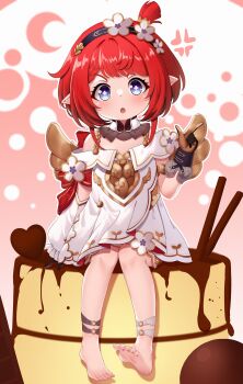 1girl :o anger_vein bare_shoulders barefoot black_hairband blue_eyes blush chocolate commentary_request dress flower-shaped_pupils food hairband heart highres honkai:_star_rail honkai_(series) in_food long_hair looking_at_viewer mini_person minigirl off-shoulder_dress off_shoulder open_mouth pink_background pleated_dress pointy_ears red_hair sitting solo symbol-shaped_pupils tribbie_(honkai:_star_rail) two-tone_background white_background white_dress zhai_mu_q