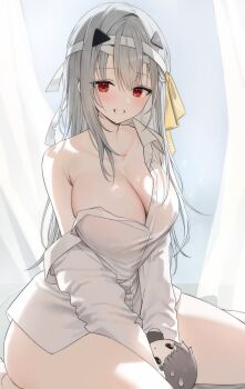 1girl absurdres armpit_crease bandaged_head bandages bare_shoulders between_thighs blush breasts character_doll chimyo cleavage collarbone collared_shirt commander_(nikke) commentary curtains doll goddess_of_victory:_nikke grey_hair hair_between_eyes hair_ornament highres indoors large_breasts long_hair long_sleeves looking_at_viewer modernia_(first_affection)_(nikke) modernia_(nikke) naked_shirt official_alternate_costume parted_lips partially_unbuttoned red_eyes shirt sidelocks single_bare_shoulder single_off_shoulder sitting smile solo symbol-only_commentary thighs v_arms very_long_hair white_shirt