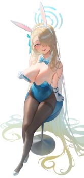 1girl absurdly_long_hair absurdres animal_ears aqua_leotard asuna_(blue_archive) asuna_(bunny)_(blue_archive) asymmetrical_bangs bar_stool blue_archive blue_bow blue_bowtie blue_eyes blue_halo blue_leotard blue_ribbon bow bowtie breasts commentary detached_collar fake_animal_ears gloves hair_over_one_eye hair_ribbon hairband halo highres huge_breasts hyeon_sungshin legs leotard light_brown_hair long_hair mole mole_on_breast pantyhose parted_bangs playboy_bunny pulling pulling_own_clothes rabbit_ears ribbon simple_background sitting stool strapless strapless_leotard teeth thighband_pantyhose thighs tongue traditional_bowtie very_long_hair white_background white_gloves