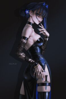 1girl alternate_costume ass bare_shoulders black_choker black_dress black_hair black_thighhighs blue_eyes blue_hair bracelet breasts choker colored_inner_hair commentary detached_sleeves dress ear_piercing fanged_bangs flower grey_background hair_bun hair_flower hair_intakes hair_ornament hand_up highres hololive hololive_english jewelry knife lace lace_sleeves large_breasts median_furrow multicolored_hair ouro_kronii parted_lips piercing prixmal shaded_face side_slit sideboob simple_background single_hair_bun sleeveless sleeveless_dress solo strapless strapless_dress thigh_strap thighhighs virtual_youtuber