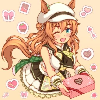 1girl animal_ears arrow_(projectile) blonde_hair blue_eyes blush bow breasts brown_neckerchief candy chocolate chocolate_heart commentary_request ears_through_headwear food fruit hair_between_eyes hair_bun hat heart heart-shaped_food holding horse_ears horse_girl horse_tail kaicho_(kaicho_p) large_breasts long_hair looking_at_viewer midriff neckerchief one_eye_closed open_mouth pastry_box pink_bow shirt skirt sleeveless sleeveless_shirt smile star_(symbol) strawberry taiki_shuttle_(baa_baa_patisserie)_(umamusume) taiki_shuttle_(umamusume) tail umamusume white_skirt