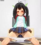 1girl 3d animated anus backpack bag black_hair blush cleft_of_venus custom_maid_3d_2 eguze_(sho1013) female_focus gluteal_fold hairdressing indoors interior jacket loli long_hair looking_at_viewer naughty_face neckace open_clothes open_jacket original panties panty_pull plaid_clothes plaid_skirt pleated_skirt pussy shirt sitting skirt solo teeth twintails underwear video wariza white_panties white_shirt