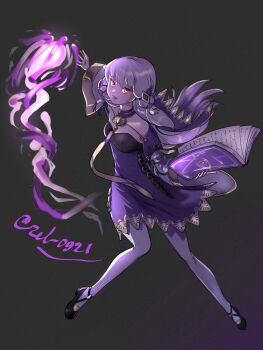 Rule 34 | 1girl, absurdres, attack, black choker, black shoes, book, breasts, casting spell, choker, commentary request, dress, fire emblem, fire emblem: three houses, gold trim, highres, holding, holding book, looking at viewer, lysithea von ordelia, lysithea von ordelia (timeskip), magic, nintendo, open book, open mouth, pantyhose, purple dress, shoes, short dress, signature, small breasts, solo, white hair, white pantyhose, zel 0921