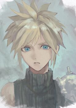 1boy absurdres armor black_sweater blonde_hair blue_eyes chiwabo cloud_strife commentary_request expressionless final_fantasy final_fantasy_vii final_fantasy_vii_remake highres male_focus parted_lips pauldrons short_hair shoulder_armor single_pauldron sleeveless sleeveless_sweater solo spiked_hair suspenders sweater turtleneck turtleneck_sweater upper_body