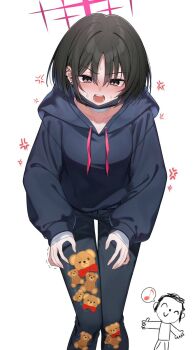 1girl anger_vein bandages black_hoodie black_mask blue_archive blush commentary_request doodle_sensei_(blue_archive) ear_piercing halo highres hood hoodie mask misaki_(blue_archive) mouth_mask narita_tamezou piercing red_halo sensei_(blue_archive) short_hair simple_background star_halo surgical_mask sweat white_background