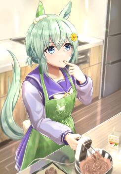 1girl absurdres animal_ears apron aqua_hair blue_eyes chocolate commentary_request ear_covers fusou_(fuso0205) green_apron hair_between_eyes highres horse_ears horse_girl horse_tail long_sleeves mixer_(cooking) pleated_skirt ponytail purple_sailor_collar purple_shirt purple_skirt sailor_collar school_uniform seiun_sky_(umamusume) shirt short_hair short_ponytail side_ponytail single_ear_cover skirt solo tail tasting tracen_school_uniform umamusume