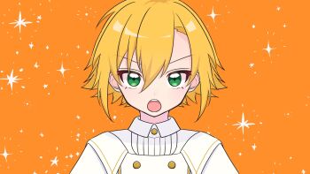 Rule 34 | 1boy, blonde hair, buttons, collared shirt, double-breasted, flipped hair, green eyes, hair between eyes, highres, looking at viewer, male focus, nijisanji, official alternate costume, open mouth, orange background, portrait, school uniform, shirt, short hair, sidelocks, simple background, solo, sparkle background, straight-on, takomi v, uzuki kou, v-shaped eyebrows, virtual youtuber, white shirt