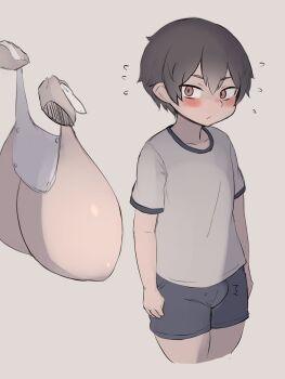 1boy blue_eyes blush breast_awe breast_padding breasts brown_eyes brown_hair bulge developing_erection disembodied_hand embarrassed erection erection_under_clothes eyes_visible_through_hair highres huge_breasts pittori shorts shota simple_background solo standing thick_thighs thighs