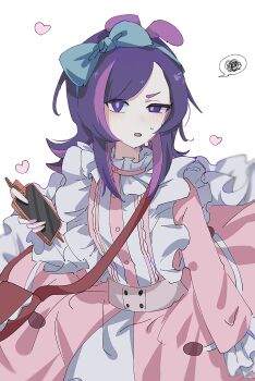 1girl bag blush dot_(pokemon) dress frills gen_4_pokemon hair_ornament hair_ribbon heart highres holding long_hair long_sleeves multicolored_hair nintendo open_mouth pink_dress pink_hair pokemon pokemon_(anime) pokemon_(creature) pokemon_horizons purple_eyes purple_hair ribbon rotom rotom_phone seiun_(hoshigumo_72) shirt simple_background sleeveless sleeveless_dress sweatdrop white_background