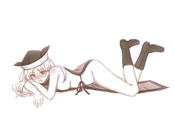 Rule 34 | 1girl, absurdres, blush, boots, breasts, commentary request, embarrassed, hat, high heel boots, high heels, highres, large breasts, long hair, looking at viewer, lying, matara okina, mochigumo, monochrome, naked tabard, no bra, on stomach, open mouth, solo, sweatdrop, tabard, touhou