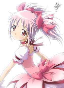 1girl bubble_skirt choker cowboy_shot dress female_focus frilled_sleeves frills from_side hair_ribbon kaname_madoka kaname_madoka_(magical_girl) looking_at_viewer magical_girl mahou_shoujo_madoka_magica mahou_shoujo_madoka_magica_(anime) marco_albiero pink_dress pink_hair pink_ribbon red_choker ribbon short_twintails signature simple_background skirt smile solo standing twintails white_background