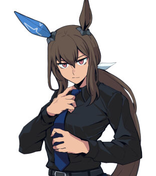 Rule 34 | 1girl, adjusting clothes, adjusting necktie, admire vega (umamusume), alternate costume, animal ears, belt, black belt, black shirt, blue necktie, brown hair, closed mouth, collared shirt, commentary request, dogeyama um, dress shirt, ear covers, ear ornament, hair between eyes, highres, horse ears, long hair, long sleeves, looking at viewer, low ponytail, necktie, parted bangs, ponytail, red eyes, shirt, simple background, single ear cover, solo, tan, taut clothes, taut shirt, umamusume, very long hair, wing collar