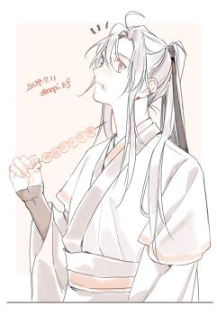 Rule 34 | 1boy, ahoge, chinese clothes, closed mouth, commentary request, dango, dated, eating, food, hair between eyes, hair ribbon, hanfu, highres, holding, holding food, long hair, long sleeves, looking at viewer, male focus, modao zushi, monochrome, notice lines, pale color, ponytail, red sash, ribbon, robe, sash, sidelocks, simple background, sleeves past wrists, solo, spot color, tanghulu, twitter username, upper body, wagashi, wei wuxian, wide sleeves, ykmr (haga)