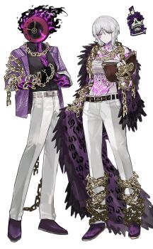 1girl 1other absurdres alternate_costume belt black_gloves black_shirt book cape chain chest_sarashi collared_shirt commentary cosplay dante_(limbus_company) faust_(project_moon) fur-trimmed_cape fur_trim gloves highres holding holding_book limbus_company medium_hair middle_(identity)_(project_moon) naughty_0b navel open_clothes open_shirt pants project_moon purple_shirt purple_shoes ricardo_(project_moon) ricardo_(project_moon)_(cosplay) sarashi shirt shoes simple_background standing symbol-only_commentary white_background white_hair white_pants