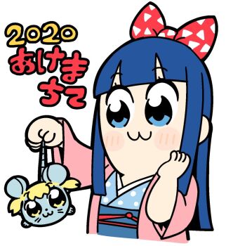 Rule 34 | 2020, 2girls, :3, animal, animal ears, bkub, blonde hair, blue eyes, blue hair, blue kimono, blunt bangs, blunt ends, blush stickers, bow, chibi, chibi only, closed mouth, commentary request, dark blue hair, dot nose, hair bow, hand on own face, holding, holding animal, jacket, japanese clothes, kimono, long hair, long sleeves, looking at another, mouse (animal), mouse ears, mouse tail, multiple girls, official alternate costume, official art, open clothes, open jacket, pink jacket, pipimi, polka dot, polka dot kimono, poptepipic, popuko, red bow, short hair, simple background, tail, translation request, whiskers, white background, white bow, yellow eyes