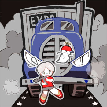 Rule 34 | 1boy, exhaust, flying sweatdrops, grey shorts, gun, halo, holding, holding gun, holding weapon, lloyd (mother), mother (series), mother 1, motor vehicle, ninten, nintendo, open mouth, red shirt, red shoes, road, round eyewear, scared, semi truck, shirt, shoes, short hair, shorts, smoke, socks, tanba (tanba-art), traditional halo, truck, weapon, white hair, x x