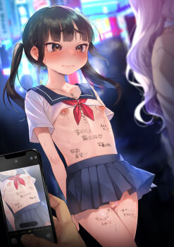 1boy 2girls absurdres arrow_(symbol) backlighting blue_skirt blush body_writing cellphone cleft_of_venus closed_mouth crop_top dancho_(dancyo) embarrassed exhibitionism flat_chest highres holding holding_phone humiliation loli micro_panties multiple_girls neckerchief nipples original panties partially_visible_vulva phone pleated_skirt public_indecency public_nudity purple_hair pussy pussy_peek red_neckerchief sailor_collar school_uniform serafuku short_sleeves skirt smartphone solo_focus standing sweat tearing_up tears thighs twintails underwear