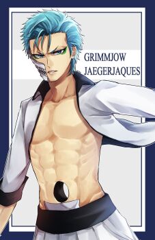 Rule 34 | 1046sstep btoh, 1boy, abs, bleach, blue eyes, blue hair, broken mask, character name, commentary request, eyeliner, green eyeliner, grimmjow jaegerjaquez, highres, hole in stomach, jacket, makeup, male focus, mask, no shirt, pectorals, serious, solo, toned, toned male, upper body, v-shaped eyebrows, white jacket