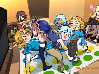 1boy all_fours aqua_(konosuba) ass blonde_hair blue_eyes blue_hair blush breasts crossover darkness_(konosuba) eyepatch food highres kono_subarashii_sekai_ni_shukufuku_wo! link long_hair mat medium_breasts megumin multiple_girls nintendo no_panties party playing_games pointy_ears princess_zelda short_hair short_hair_with_long_locks small_breasts snegovski the_legend_of_zelda the_legend_of_zelda:_breath_of_the_wild the_legend_of_zelda:_tears_of_the_kingdom thighs twister