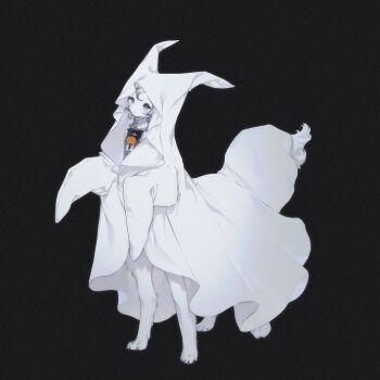 Rule 34 | 1girl, black background, centauroid, colored skin, commentary request, full body, ghost costume, ghost pose, grey eyes, highres, hoshi rousoku, looking at viewer, monster girl, original, short hair, simple background, solo, standing, tail, taur, white hair, white skin