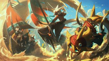 2boys 3girls absurdres animal_ears blonde_hair blue_eyes boat brown_hair dark-skinned_female dark_skin desert fantasy fin_piercing fins fish_tail green_eyes hat highres holding holding_sword holding_weapon khopesh multiple_boys multiple_girls original porforever prosthesis prosthetic_arm round_eyewear sail sand sand_dune scarf shark_girl shark_tail sharp_teeth sword tail teeth turban watercraft weapon white_hair witch_hat