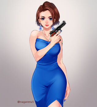 1girl artist_name blue_dress blue_eyes blue_eyeshadow blue_nails brown_hair dress earrings eyeshadow grey_background gun handgun holding holding_gun holding_weapon jewelry jill_valentine looking_at_viewer makeup nagare nail_polish necklace resident_evil simple_background smile weapon