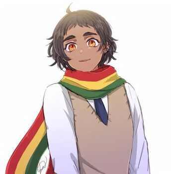 Rule 34 | 1boy, ahoge, axis powers hetalia, bolivia (hetalia), brown eyes, brown hair, dark-skinned male, dark skin, earrings, jewelry, scarf, smile, solo, traditional, traditional dress