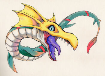blue_eyes colored_tongue digimon digimon_(creature) grey_background highres looking_at_viewer no_humans open_mouth peculiarmarsu purple_tongue sea_serpent seadramon simple_background slit_pupils solo