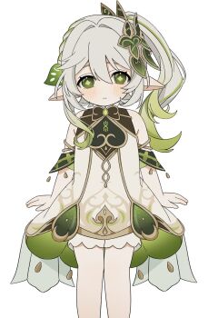 1girl :| bare_shoulders bloomers blush closed_mouth commentary_request detached_sleeves dress feet_out_of_frame genshin_impact gold_trim gradient_hair green_eyes green_hair green_sleeves hair_between_eyes hair_ornament highres kumane_(osakanadonn) leaf_hair_ornament long_hair looking_at_viewer multicolored_hair nahida_(genshin_impact) pointy_ears side_ponytail simple_background sleeveless sleeveless_dress solo star-shaped_pupils star_(symbol) symbol-shaped_pupils underwear white_background white_bloomers white_dress white_hair