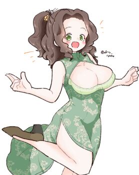1girl :d blush_stickers breasts brown_hair brown_shoes china_dress chinese_clothes cleavage cleavage_cutout clothing_cutout commentary_request cowboy_shot dress forehead green_dress green_eyes hair_ornament high_heels large_breasts long_hair looking_at_viewer notice_lines olto_rondo open_mouth original shoes side_slit simple_background sleeveless sleeveless_dress smile solo standing standing_on_one_leg white_background