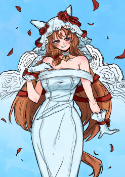 1girl absurdres animal_ears bare_shoulders blue_background blush bow breasts bride brown_hair choker commentary_request dress ear_ribbon falling_petals flower glove_ribbon gloves hair_over_shoulder hair_ribbon hand_up hat hat_flower highres large_breasts long_hair looking_at_viewer parted_lips petals red_eyes red_flower red_ribbon ribbon rinren_(chun8chun8chun) simple_background smile solo still_in_love_(umamusume) strapless strapless_dress taut_clothes taut_dress umamusume very_long_hair white_choker white_dress white_gloves