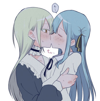 2girls bang_dream! bang_dream!_it's_mygo!!!!! black_dress black_ribbon blue_hair blush choker closed_eyes commentary_request dress frilled_choker frills green_hair hair_ribbon highres kiss long_hair long_sleeves multiple_girls nago_(hasakimati) ribbon shirt simple_background speech_bubble sweat togawa_sakiko translation_request two_side_up upper_body wakaba_mutsumi white_background white_shirt yellow_eyes yuri