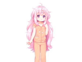 1girl :o ahoge blue_bow bow collarbone crossed_bangs feet_out_of_frame game_cg hair_bow hand_up harem_futago_lolita hood hood_down hoodie large_variant_set long_hair non-web_source open_mouth orange_hoodie orange_pajamas orange_pants pajamas pants pink_eyes pink_hair pom_pom_(clothes) short_sleeves simple_background solo standing tomari_(harem_futago_lolita) transparent_background usashiro_mani variant_set