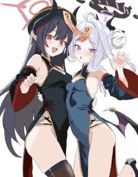2girls bare_shoulders belly-to-belly black_dress black_hair black_thighhighs blue_archive blue_dress blush breasts chiaki_(blue_archive) cleavage_cutout clothing_cutout commentary covered_navel demon_horns demon_wings detached_sleeves double_bun dress fang grey_hair hair_between_eyes hair_bun halo hat highres hina_(blue_archive) horns jiangshi_costume kamitosayu long_hair long_sleeves looking_at_viewer low_wings multiple_girls ofuda ofuda_on_head open_mouth parted_bangs pelvic_curtain pointy_ears purple_eyes qingdai_guanmao red_eyes side_slit simple_background skin_fang skindentation small_breasts smile standing standing_on_one_leg sweatdrop thighhighs thighs very_long_hair white_background wide_sleeves wings