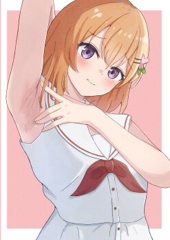 1girl absurdres arm_up armpit_focus armpits azakura_(beniyomogi) blush border bow bowtie closed_mouth commentary_request commission double-parted_bangs embarrassed film_grain flower gochuumon_wa_usagi_desu_ka? hair_flower hair_ornament hairclip hand_up highres hoto_cocoa looking_at_viewer medium_hair orange_hair parallel_hairclips pink_background pixiv_commission presenting_armpit purple_eyes raised_inner_eyebrows red_bow red_bowtie sailor_collar shirt skirt sleeveless sleeveless_shirt solo sweat upper_body wavy_mouth white_border white_sailor_collar white_shirt white_skirt
