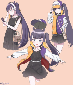 Rule 34 | 1girl, :d, absurdres, artist name, bag, baseball cap, belt, belt buckle, black dress, blue hair, blunt bangs, blush, brown bag, buckle, cellphone, character name, closed mouth, clothes writing, collarbone, commentary, cowboy shot, cropped legs, double-parted bangs, dress, english commentary, expressionless, eyelashes, fang, floating hair, gradient hair, hair tie, hand in pocket, hand on headwear, hand up, handbag, hat, hat loss, headphones, highres, holding, holding phone, hololive, hololive english, jacket, letterman jacket, long hair, long sleeves, looking at viewer, looking down, mole, mole under eye, multicolored hair, multicolored headwear, multicolored jacket, multiple views, ninomae ina'nis, open clothes, open jacket, open mouth, orange background, orange hair, orange headwear, orange jacket, outstretched arms, phone, pocket, pointy ears, ponytail, purple hair, purple headwear, purple jacket, reylan520, running, short dress, shoulder bag, side ponytail, sidelocks, simple background, sleeveless, sleeveless dress, smartphone, smile, split mouth, spread arms, striped clothes, striped dress, takodachi (ninomae ina'nis), tentacle hair, twitter username, vertical-striped clothes, vertical-striped dress, very long hair, virtual youtuber, white belt, white headwear, white jacket