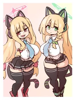 Rule 34 | 2girls, aged up, alternate breast size (larger), animal ear headphones, animal ears, arms behind back, bare arms, bare shoulders, black thighhighs, blonde hair, blue archive, blue necktie, blush, border, bow, braid, braided sidelock, breasts, cat ear headphones, cat ears, closed mouth, fake animal ears, fake tail, feet out of frame, from above, gradient background, green bow, green eyes, green shoes, hair bow, headphones, highres, large breasts, long hair, long sidelocks, low twintails, mabufuyo, midori (blue archive), miniskirt, momoi (blue archive), multiple girls, necktie, open mouth, pink bow, pink eyes, pink shoes, shirt, shoes, short shorts, shorts, siblings, sidelocks, sisters, skirt, sleeveless, sleeveless shirt, smile, smug, standing, tail, tareme, thighhighs, thighs, twintails, very long hair, white border, zettai ryouiki