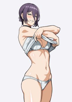 1girl absurdres bare_arms black_choker blush bra breasts chainsaw_man choker cowboy_shot hair_between_eyes highres hip_bones looking_at_viewer mikey_pie narrow_waist navel out_of_frame panties purple_hair reze_(chainsaw_man) short_hair simple_background smile tank_top teeth underwear undressing white_background white_bra white_panties white_tank_top