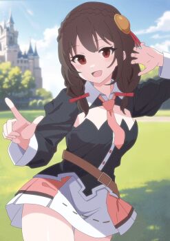 1girl :d belt black_shirt blue_sky bow braid brown_belt brown_hair castle claw_pose cloud commentary cowboy_shot crown_braid day film_grain hair_between_eyes hair_bow hands_up happy highres index_finger_raised juliet_sleeves kono_subarashii_sekai_ni_shukufuku_wo! light_blush long_sleeves looking_at_viewer medium_hair miniskirt necktie open_mouth outdoors pink_necktie puffy_sleeves red_bow red_eyes shirt sidelocks skirt sky smile solo takabayashi4129 thigh_gap white_skirt yunyun_(konosuba)