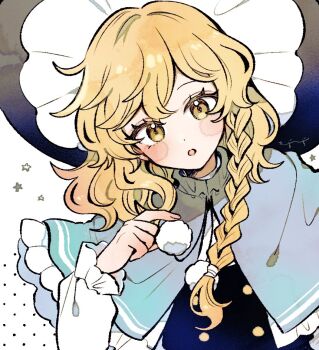 1girl blonde_hair blue_capelet blue_hat blue_vest blush braid capelet commentary_request hat kirisame_marisa long_hair long_sleeves mozukuzu_(manukedori) open_mouth pom_pom_(clothes) side_braid single_braid solo star_(symbol) touhou upper_body vest witch_hat yellow_eyes