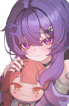 1girl absurdres aru_(blue_archive) bandaged_arm bandaged_fingers bandages bandaid bandaid_on_finger bandaid_on_hand black_choker black_nails blue_archive character_doll choker doll hair_ornament haruka_(blue_archive) highres holding holding_stuffed_toy medium_hair purple_eyes purple_hair simple_background solo stuffed_animal stuffed_toy upper_body white_background wonni_(user_fafu7345) x_hair_ornament