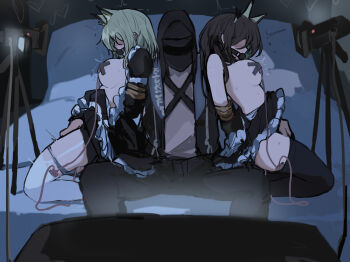 Rule 34 | 1boy, 2girls, animal ears, arknights, arms behind back, bdsm, black coat, black dress, black hair, black pants, bondage, bound, bound arms, breasts, cat ears, cat girl, clothes pull, coat, cross, cross pasties, doctor (arknights), dress, dress pull, female focus, from side, full body, gagged, garter straps, girl sandwich, green hair, hetero, highres, indoors, kal'tsit (arknights), kal'tsit (the remains of time) (arknights), kneeling, long hair, looking at viewer, medium breasts, medium hair, mon3tr (arknights), multicolored hair, multiple girls, nipple stimulation, open clothes, open dress, pants, pasties, pussy juice, remote control vibrator, sandwiched, sex toy, thighhighs, thighs, topless female, two-tone hair, vibrator, vibrator in thighhighs, vibrator on nipple, whate=3r