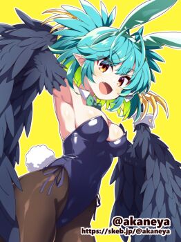 1girl akaneya alternate_costume animal_ears bare_shoulders bird_legs black_feathers black_leotard black_pantyhose black_wings blue_hair bow bowtie breasts brown_eyes claws colored_inner_hair commentary_request commission detached_collar fake_animal_ears fake_tail fang feathered_wings feathers green_bow green_bowtie green_hair harpy highleg highleg_leotard indie_virtual_youtuber leotard lincoro looking_at_viewer medium_breasts medium_hair monster_girl multicolored_hair open_mouth pantyhose playboy_bunny pointy_ears rabbit_ears rabbit_tail red_eyes short_twintails side-tie_leotard simple_background skeb_commission skin_fang solo stomach_tattoo tail tattoo twintails virtual_youtuber white_wrist_cuffs winged_arms wings wrist_cuffs yellow_background