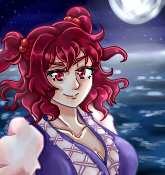 commentary english_commentary full_moon highres moon night night_sky non-web_source onozuka_komachi red_eyes red_hair river sky touhou