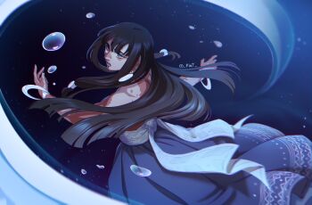 1girl absurdres air_bubble apukunapa_kutimuynin bare_shoulders beads black_hair blue_eyes blunt_bangs bubble dark-skinned_female dark_skin hair_beads hair_ornament highres kiara_togushi killa_(apukunapa_kutimuynin) long_hair long_skirt looking_back skirt solo underwater vitiligo